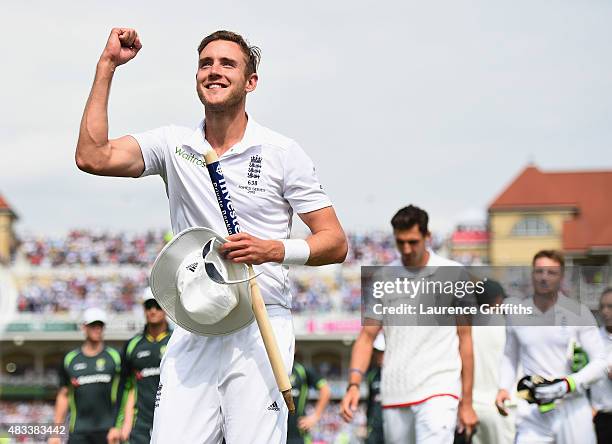 Stuart Broad of England clebrates winning the Ashes during day three of the 4th Investec Ashes Test match between England and Australia at Trent...