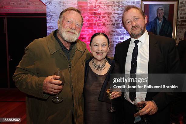 Jack Thompson, Anne Schofield and Andrew Upton at the opening night of 'The Present' at Sydney Theatre Company on August 8, 2015 in Sydney, Australia.
