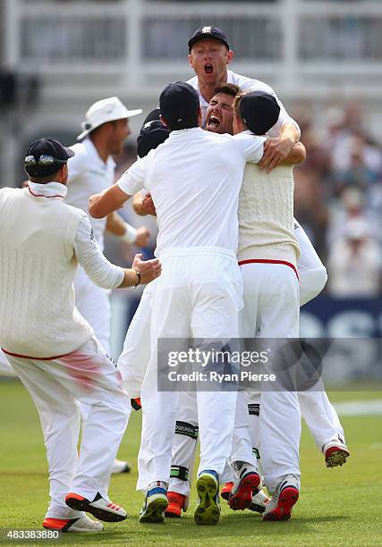 Mark Wood of England celebrates after taking the wicket of Nathan Lyon of Australia to reclaim the Ashes during day three of the 4th Investec Ashes...