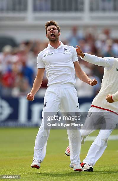 Mark Wood of England celebrates after taking the wicket of Nathan Lyon of Australia to reclaim the Ashes during day three of the 4th Investec Ashes...