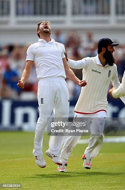 Mark Wood of England celebrates after taking the wicket of Nathan Lyon of Australia to reclaim the Ashes during day three of the 4th Investec Ashes...