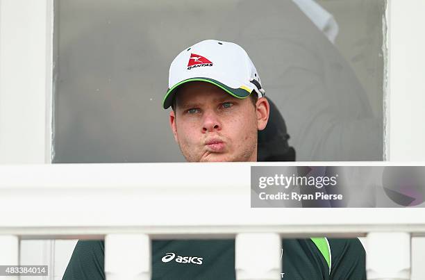 Steve Smith of Australia looks on after day three of the 4th Investec Ashes Test match between England and Australia at Trent Bridge on August 8,...