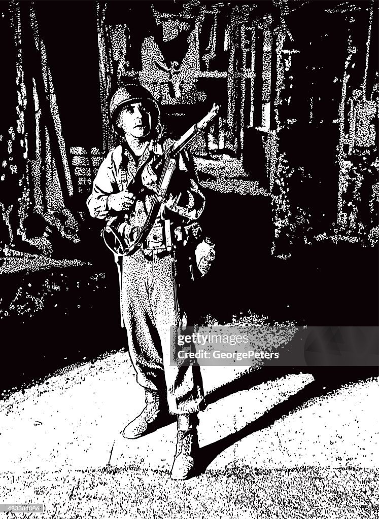 Infantry Soldier Searching For Enemy In Bombed Out Building