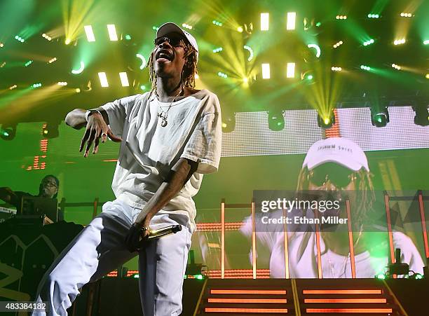 Rapper Wiz Khalifa performs at the Mandalay Bay Events Center during a stop of the Boys of Zummer tour on August 7, 2015 in Las Vegas, Nevada.