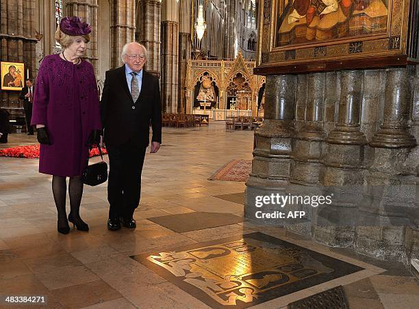 Irish President Michael D. Higgins and his wife Sabina, walk up to the floor memorial to Earl Mountbatten of Burma and his wife, during his visit to...