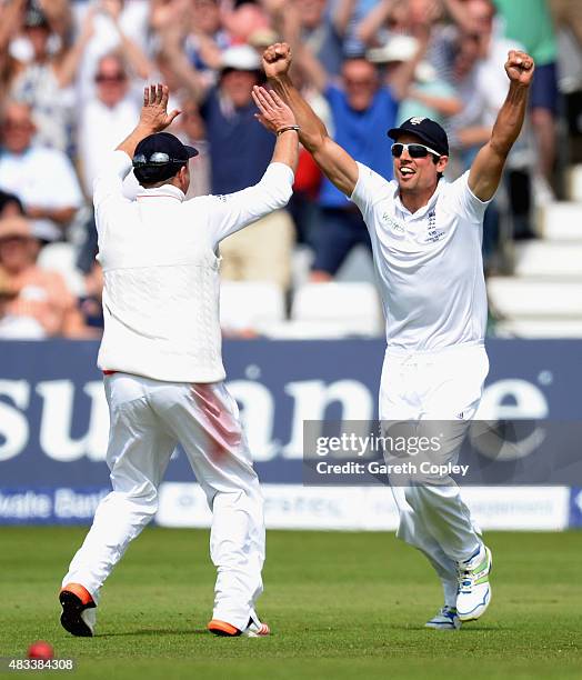 England captain Alastair Cook celebrates with Ian Bell after winning the 4th Investec Ashes Test match between England and Australia at Trent Bridge...