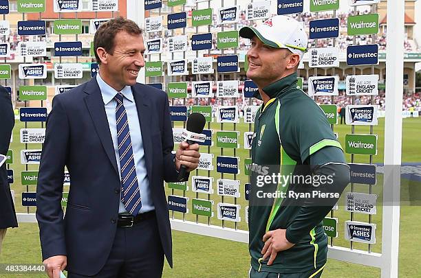 Michael Clarke of Australia fights back tears after he announced his retirement while speaking to former England Captain Michael Atherton during day...