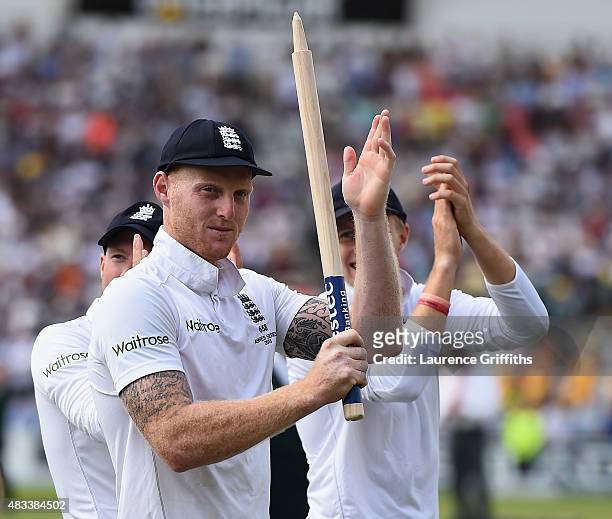 Ben Stokes of England applauds the fans on a lap of honour after winning the Ashes during day three of the 4th Investec Ashes Test match between...
