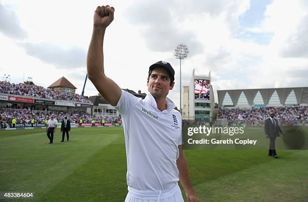 England captain Alastair Cook celebrates after winning the 4th Investec Ashes Test match between England and Australia at Trent Bridge on August 8,...