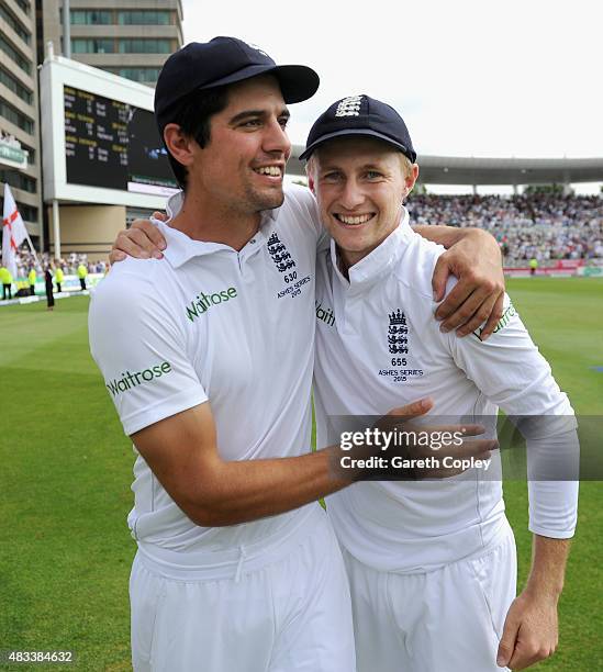 England captain Alastair Cook celebrates with Joe Root after winning the 4th Investec Ashes Test match between England and Australia at Trent Bridge...