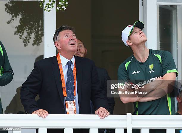 Australian Chairman of Selectors Rod Marsh and Steve Smith of Australia look on after day three of the 4th Investec Ashes Test match between England...