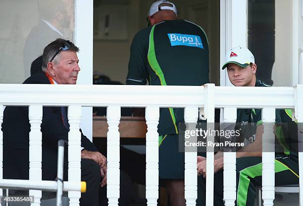 Australian Chairman of Selectors Rod Marsh and Steve Smith of Australia talk after day three of the 4th Investec Ashes Test match between England and...