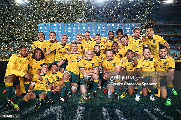 The Wallabies celebrate winning the Rugby Championship match between the Australia Wallabies and the New Zealand All Blacks at ANZ Stadium on August...
