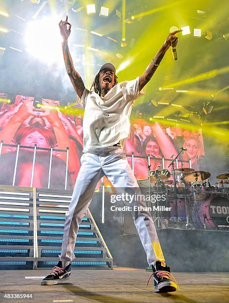 Rapper Wiz Khalifa performs at the Mandalay Bay Events Center during a stop of the Boys of Zummer tour on August 7, 2015 in Las Vegas, Nevada.