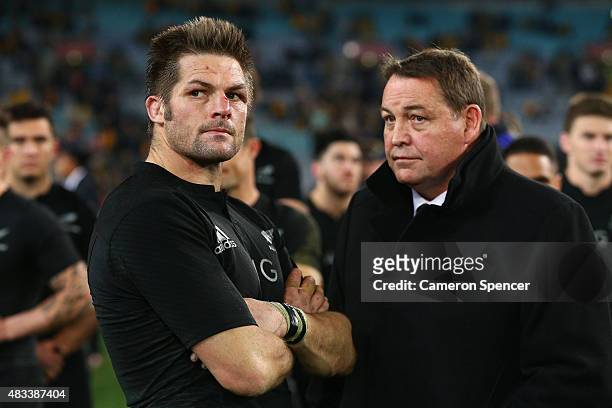 All Blacks captain Richie McCaw and All Blacks coach Steve Hansen look dejected after losing the Rugby Championship match between the Australia...