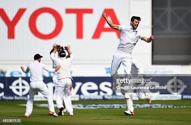 Mark Wood of England celebrates taking the final wicket to win the Ashes that of Nathan Lyon of Australia during day three of the 4th Investec Ashes...
