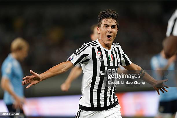 Paulo Dybala of Juventus FC in celebrates a goal during the Italian Super Cup final football match between Juventus and Lazio at Shanghai Stadium on...