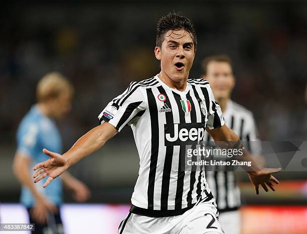 Paulo Dybala of Juventus FC in celebrates a goal during the Italian Super Cup final football match between Juventus and Lazio at Shanghai Stadium on...