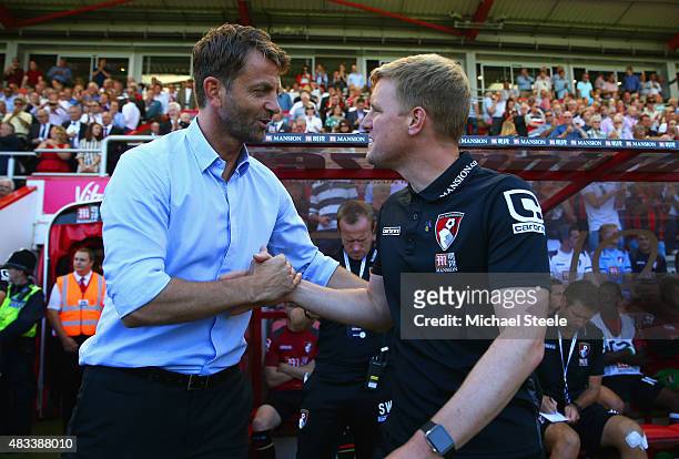 Tim Sherwood Manager of Aston Villa and Eddie Howe Manager of Bournemouth shake hands prior to the Barclays Premier League match between A.F.C....