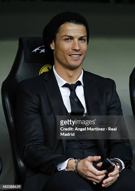 Cristiano Ronaldo of Real Madrid looks on prior of the UEFA Champions League Quarter Final second leg match between Borussia Dortmund and Real Madrid...