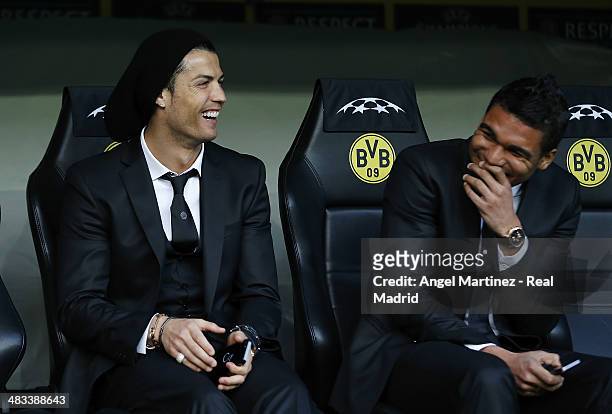 Cristiano Ronaldo and Casemiro of Real Madrid s share a joke prior of the UEFA Champions League Quarter Final second leg match between Borussia...