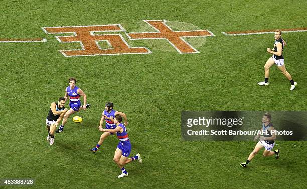 General view of the 50m lines on the ground marked in Mandarin during the AFL Multicultural Round during the round 19 AFL match between the Western...