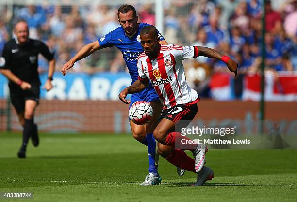 Jeremain Lens of Sunderland and Danny Drinkwater of Leicester City compete for the ball during the Barclays Premier League match between Leicester...
