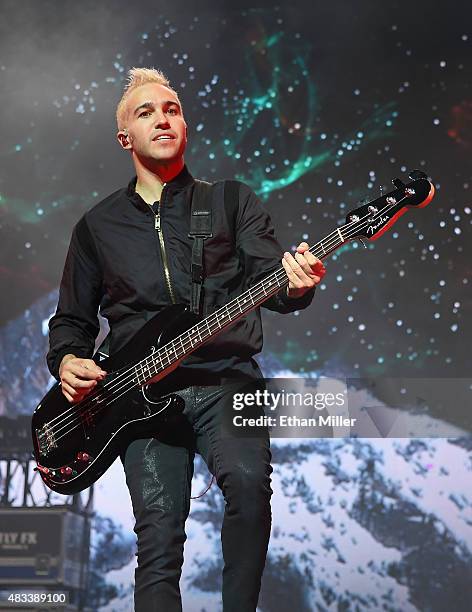 Bassist Pete Wentz of Fall Out Boy performs at the Mandalay Bay Events Center during a stop of the Boys of Zummer tour on August 7, 2015 in Las...