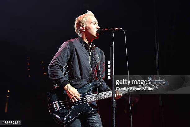 Bassist Pete Wentz of Fall Out Boy performs at the Mandalay Bay Events Center during a stop of the Boys of Zummer tour on August 7, 2015 in Las...