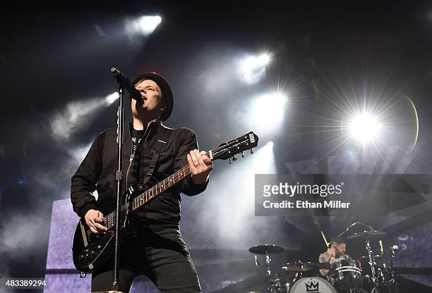 Frontman Patrick Stump and drummer Andy Hurley of Fall Out Boy perform at the Mandalay Bay Events Center during a stop of the Boys of Zummer tour on...
