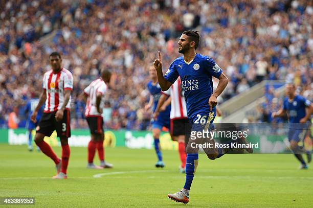Riyad Mahrez of Leicester City celebrates scoring his team's second goal during the Barclays Premier League match between Leicester City and...