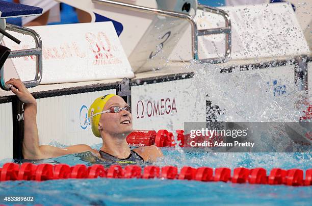 Sarah Sjostrom of Sweden celebrates winning the gold medal in the Women's 50m Butterfly Final on day fifteen of the 16th FINA World Championships at...