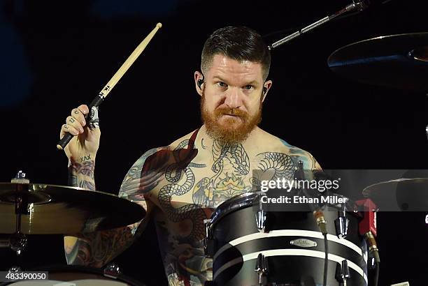 Drummer Andy Hurley of Fall Out Boy performs at the Mandalay Bay Events Center during a stop of the Boys of Zummer tour on August 7, 2015 in Las...