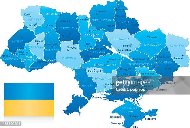 karte von ukraine-staaten, städte und flagge - ukraine stock-grafiken, -clipart, -cartoons und -symbole