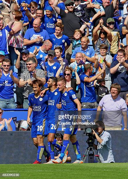 Riyad Mahrez celebrates after scoring the second Leicester goal during the Barclays Premier League match between Leicester City and Sunderland at the...