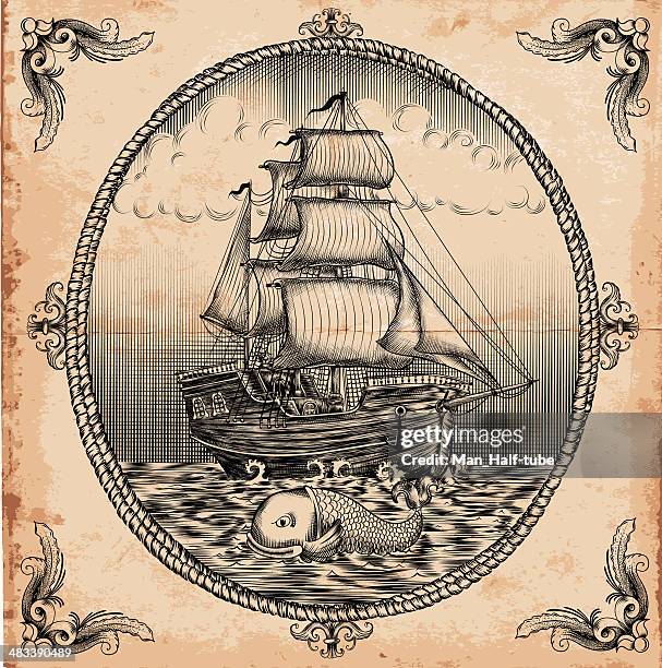 bildbanksillustrationer, clip art samt tecknat material och ikoner med vintage sailboat - woodcut tattoo