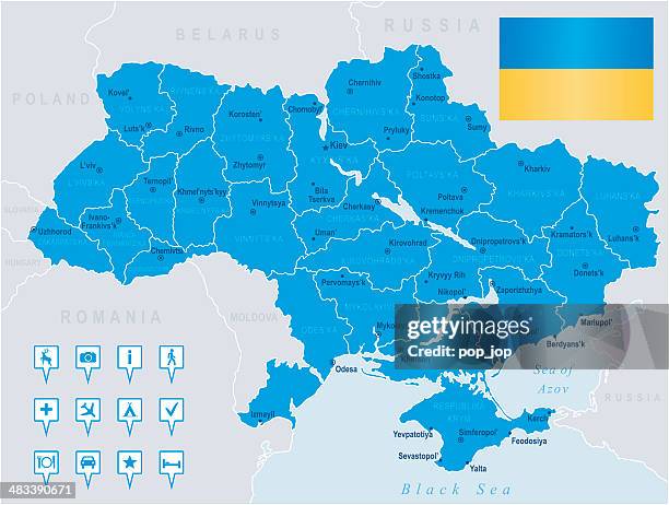 karte von ukraine-staaten, städte, flagge, navigation symbole - romania stock-grafiken, -clipart, -cartoons und -symbole