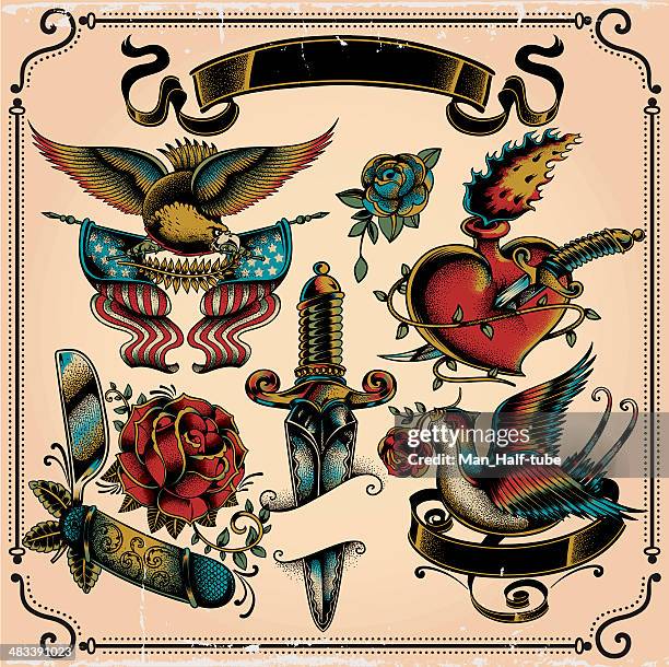 tattoo flash - vintage tattoo stock-grafiken, -clipart, -cartoons und -symbole