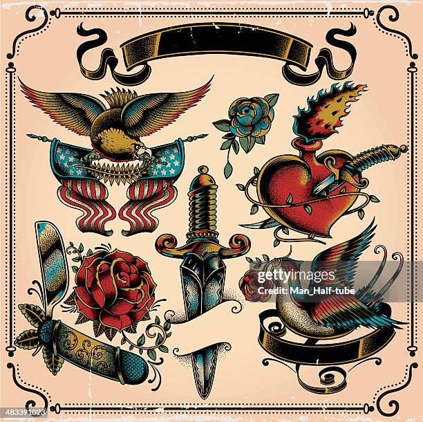 tattoo flash - hearts on fire stock illustrations