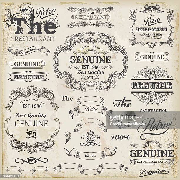 satz von vintage-design-elemente mit text platzierungen. - letters decoration stock-grafiken, -clipart, -cartoons und -symbole