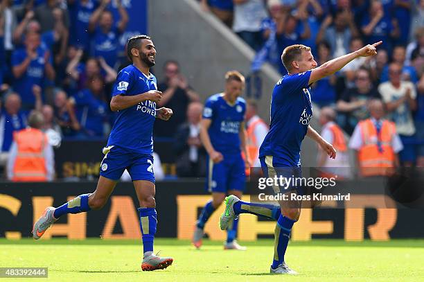 Marc Albrighton of Leicester City celebrates scoring his team's fourth goal during the Barclays Premier League match between Leicester City and...