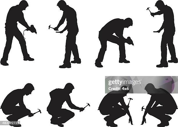 stockillustraties, clipart, cartoons en iconen met construction workers drilling and hammering - hurken