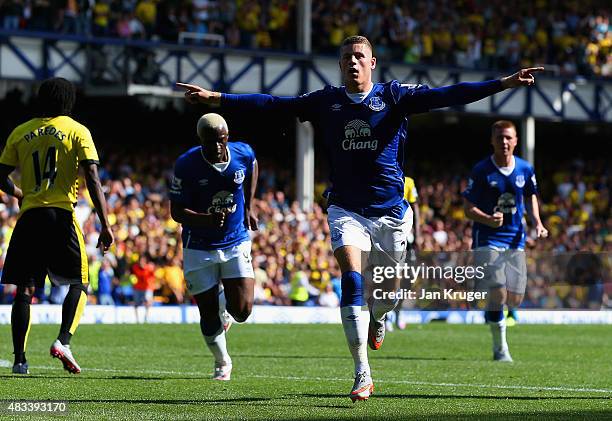 Ross Barkley of Everton celebrates scoring his team's first goal during the Barclays Premier League match between Everton and Watford at Goodison...