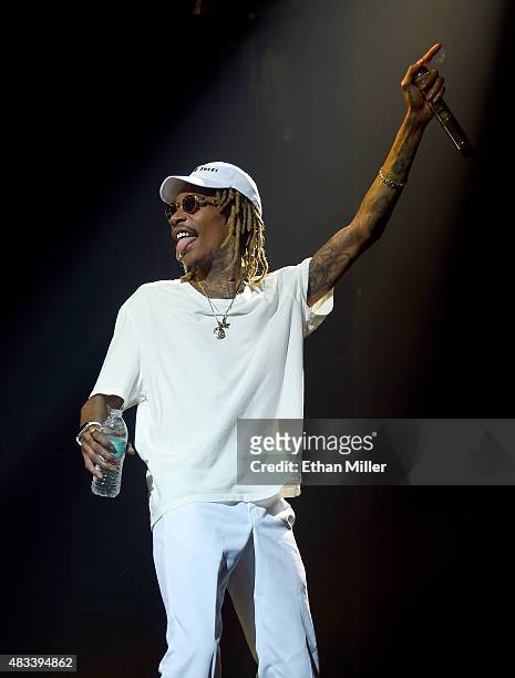 Rapper Wiz Khalifa performs at the Mandalay Bay Events Center during a stop of the Boys of Zummer tour on August 7, 2015 in Las Vegas, Nevada.