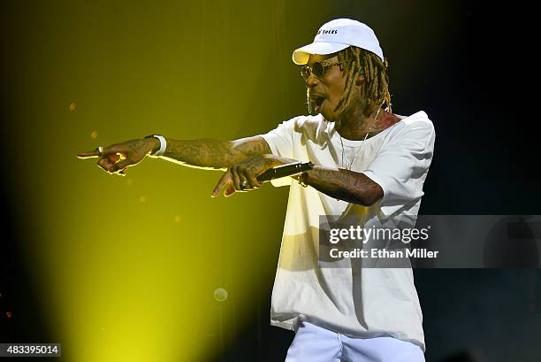 Rapper Wiz Khalifa performs at the Mandalay Bay Events Center during a stop of the Boys of Zummer tour on August 7, 2015 in Las Vegas, Nevada.