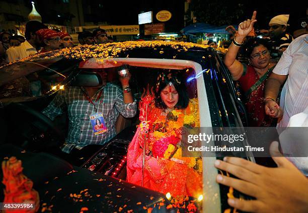 Radhe Maa, self-proclaimed Godwoman, visits Siddhivinayak Temple, Prabhadevi, on August 27, 2012 in Mumbai, India. Radhe Maa has been accused of...