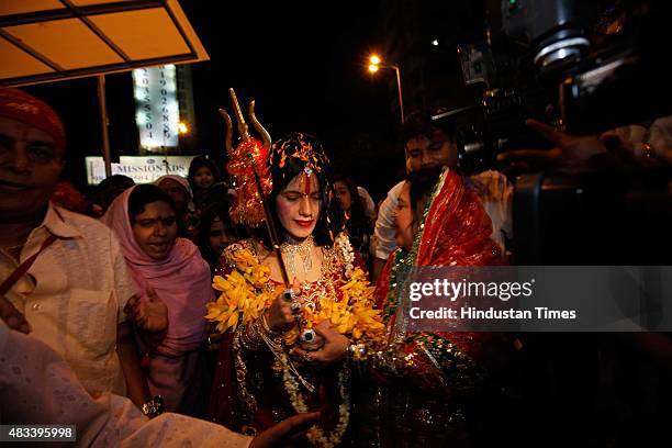 Radhe Maa, self-proclaimed Godwoman, visits Siddhivinayak Temple, Prabhadevi, on August 27, 2012 in Mumbai, India. Radhe Maa has been accused of...