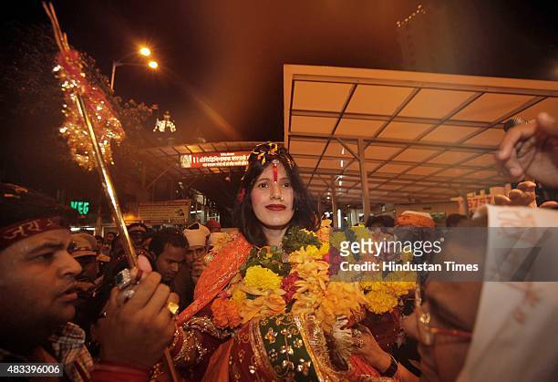 Radhe Maa, self-proclaimed Godwoman, visits Siddhivinayak Temple, Prabhadevi, on August 27, 2012 in Mumbai, India. Radhe Maa has been accused of...