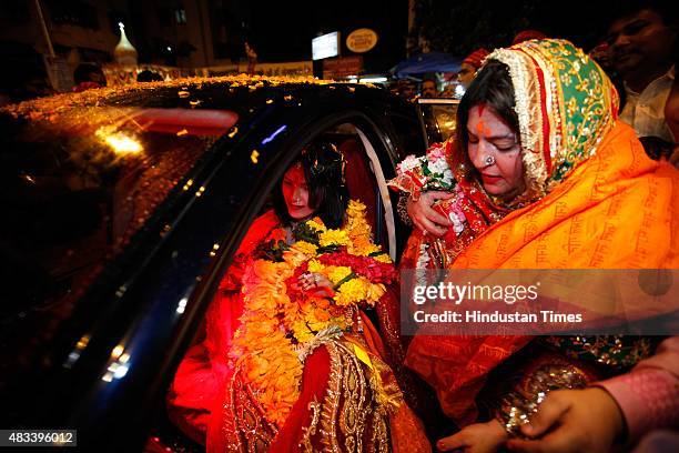 Radhe Maa, self-proclaimed Godwoman, visits Siddhivinayak Temple, Prabhadevi, on August 27, 2012 in Mumbai, India. Radhe Maa has been accused of...