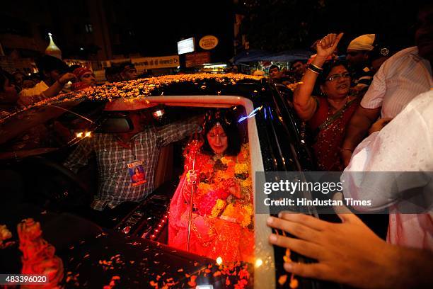 Radhe Maa, self-proclaimed Godwoman, visits Siddhivinayak Temple, Prabhadevi, on August 27, 2012 in Mumbai, India. Radhe Maa has been accused of...